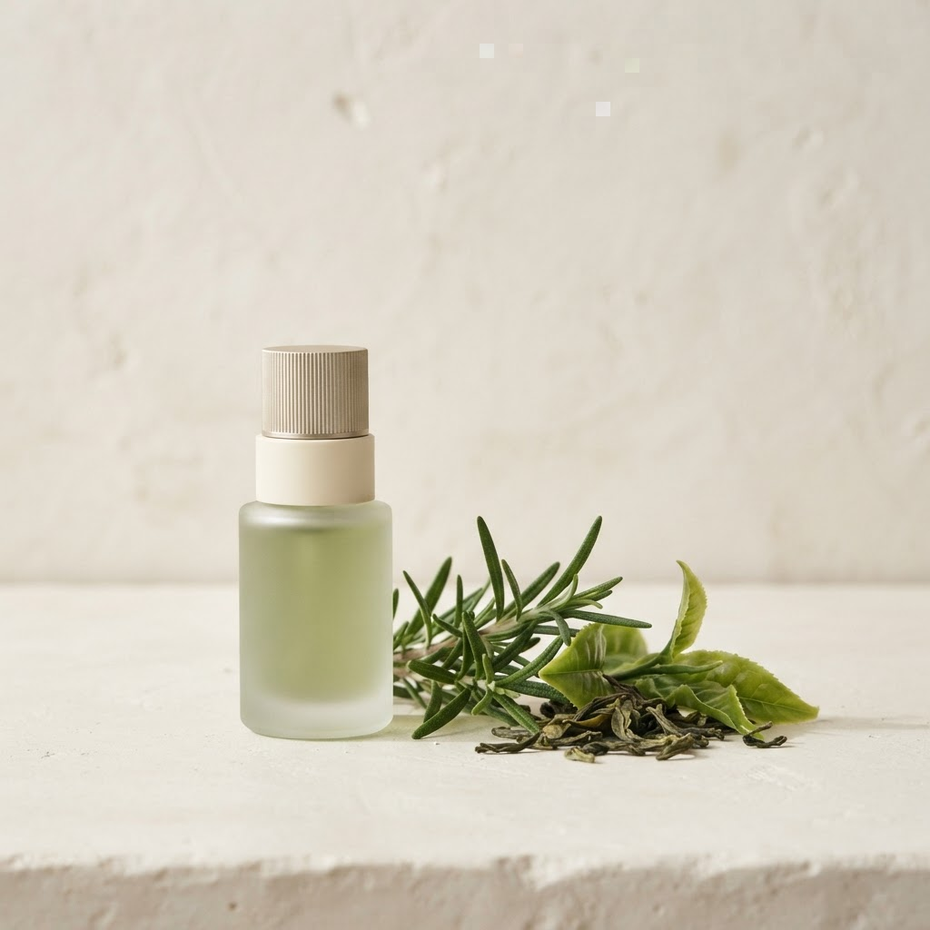 Rosemary sprigs and green tea leaves